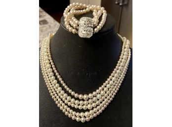 (1) 10K Gold Clasp Faux Pearl Double Strand Necklace Plus (4) Japan Faux Pearl Strand Necklaces (1) Bracelet