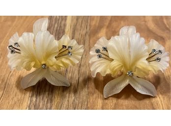 Large Vintage Celluloid & Rhinestone Flower Clip On Earrings