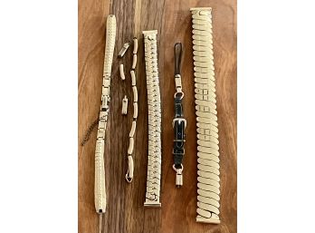 (5) Vintage Watch Bands (2) 1/20th 12k Gold Filled, Gold Tone Stretch Bands, (1) Leather