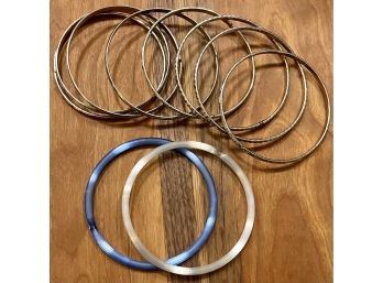 (8) Assorted Silver Tone And Silk Ribbon Glass Bangle Bracelets