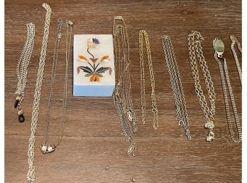 Vintage Stone Inlay Intarsia Box With (10) Gold Tone Necklaces & Glasses Chains