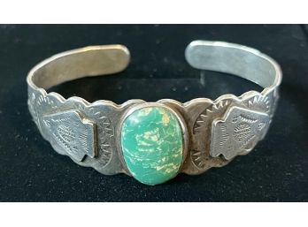 Vintage Early Sterling Silver Cuff Navajo Stamped Green Turquoise Arrow Head Bracelet 21.5 Grams