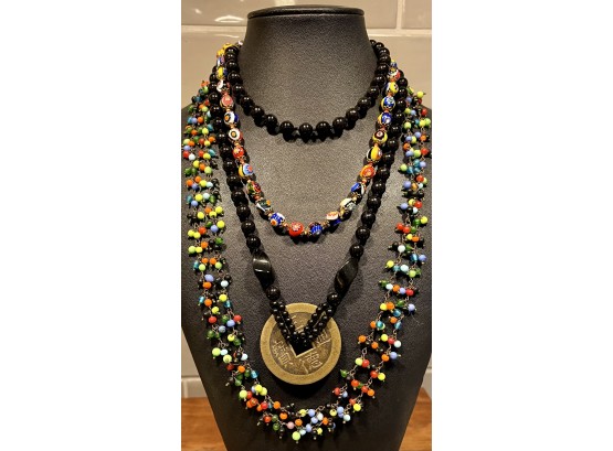 Bohemian Jewelry - Seed Bead Necklace - Millefiori Bead Necklace And Asian Coin With Jet Black Stone Bead
