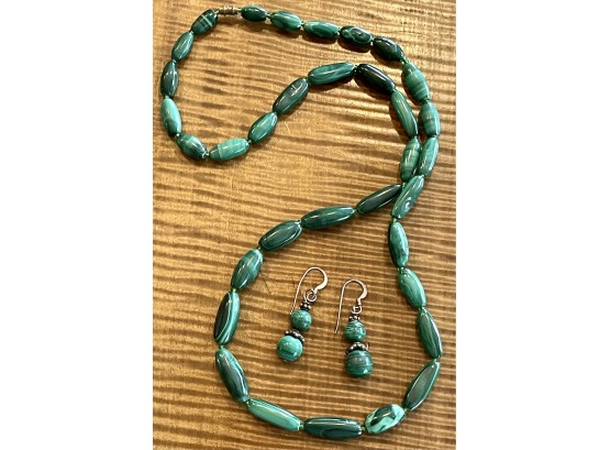 Vintage Malachite Bead Necklace With Matching Earrings