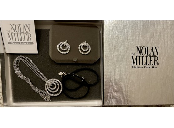 Nolan Miller Silver Tone Pave Rhinestone Necklace - Earrings And Black Satin Cord Set In Original Box
