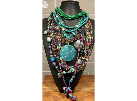 Colorful Necklace Lot With Material Strands - Shell Beads And Pendants - Wood - Stone - Clay Beads
