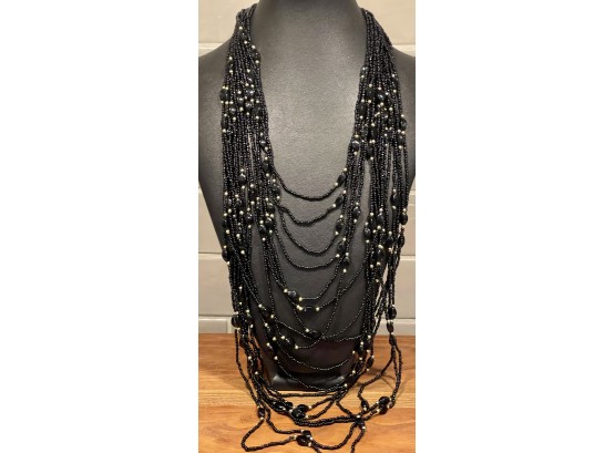 Vintage Black Statement Seed Bead Multi Strand Necklace With Gold Metal Accent Beads