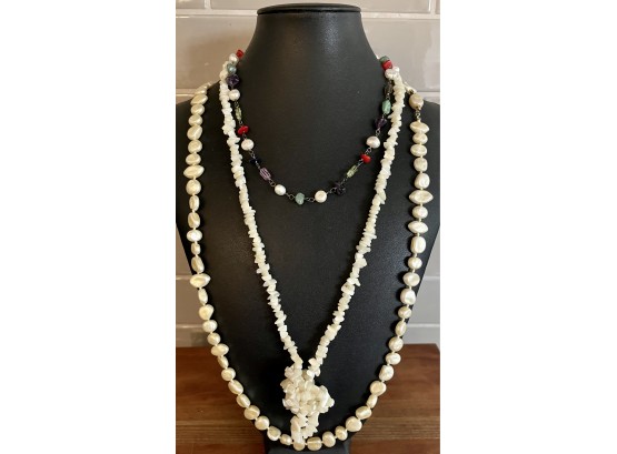 (3) Necklaces Les Bernard's Inc. Faux Pearl - Silpada 925 Chip Stone Bead W Amethyst - Coral -  Bead Shell