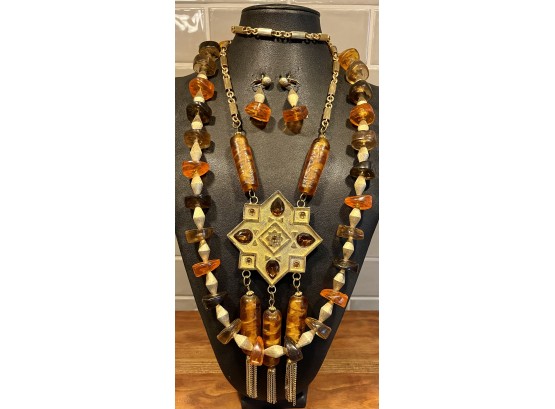 Les Bernard Inc. Statement Necklace With Matching Earrings - Metal Amber Bead Statement Necklace