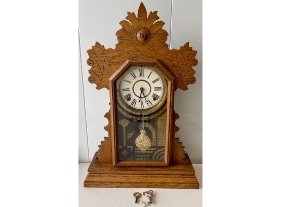 Antique Carved Oak Mantle Clock With 2 Keys