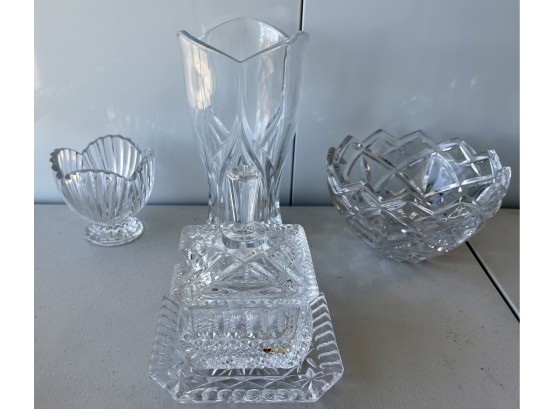 Lot Of Crystal Bowls, Vases, And Condiment Dish With Lid - Waterford, Lead Crystal, And Pressed