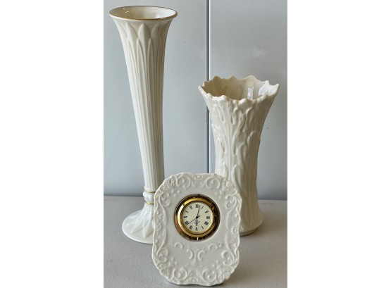 (2) Ivory Lenox Vase - (1) With Gold Trim, And Lenox Georgian Clock