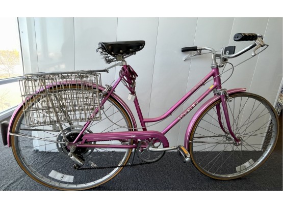 Vintage Womens Pink Suburban Schwinn Bicycle With Folding Metal Back Basket