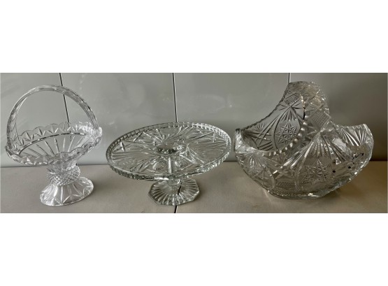 3 Pieces Of Lead Crystal - Basket Compote And Cake Plate (as Is)