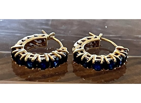 14k Gold Blue Topaz Mexico Hoop Earrings 2.3 Grams