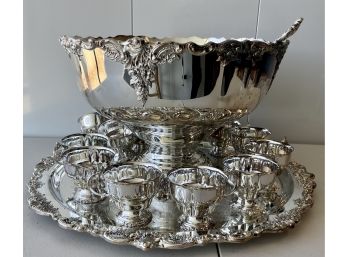 Baroque Wallace Silver Plate Punch Bowl, Tray, Ladle, And (12) Cups