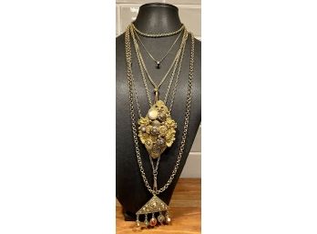 Vintage Gold Tone Necklace Lot - Boho - Vintage Pin Pendant - Slide And More