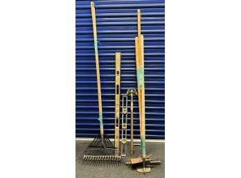 Assorted Yard Tools With (2) Vintage Levels And Eagle Finial Flag Pole