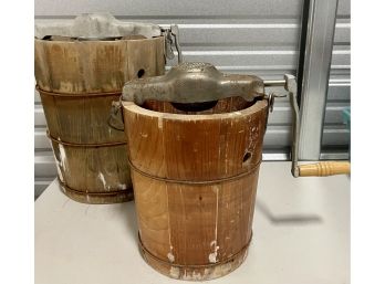 (2) Antique White Mountain Freezer Wood Ice Cream Buckets With Crank Handles - (1) With Churn, (1) Without