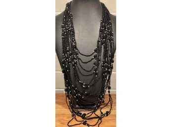 Vintage Black Statement Seed Bead Multi Strand Necklace With Gold Metal Accent Beads