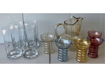 Mid Century Modern Ribbed Art Glass Pitcher W Matching Glasses, (4) Libbey Crisa Dimpled Drinking Glasses