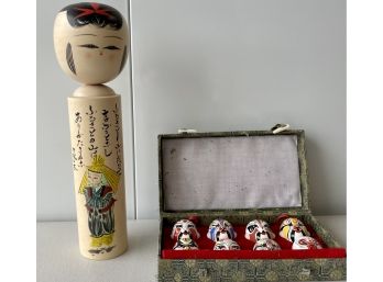 Chinese Wood Figurine With Clay Miniature Asian Masks In Original Box