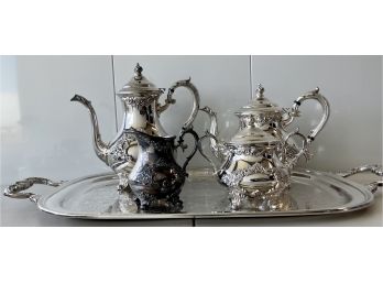 Gorham Silver Plate Coffee And Tea Set With Cream, Sugar, And Serving Tray.