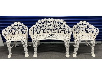Vintage Cast Iron Grape Leaf Pattern Outdoor Patio Loveseat With (2) Side Chairs