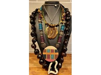 Vintage Stone - Bead And Nut Necklace Lot - Tiger's Eye Chip Bead - Stone Pendant - Large Polished Agate Slice