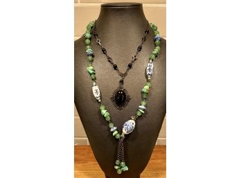 Vintage Jade Color Bead And Turquoise Chip Necklace With Blue Willow Pottery Beads - 1928 Black Bead Necklace