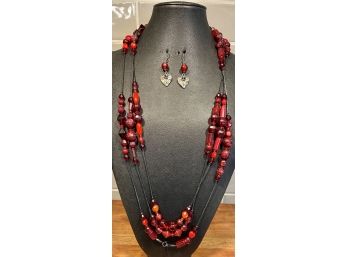 Debbie Reid Red 92' Long  Crystal Bead Necklace With Matching Earrings