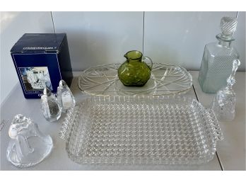 Vintage Crystal And Etched Glass Lot - Serving Trays, Decanter (as Is), Cristal D'arques, (2) Bells