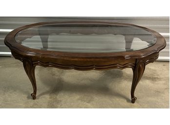 Vintage Oval Coffee Table With Beveled Glass Top