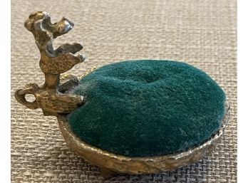 Vintage Metal Poodle Footed Pin Cushion With Green Velvet Pin Cushion