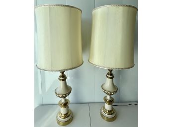 2 Gorgeous Solid Brass Cream Metal Mid Century Lamps W Stiffel Shades