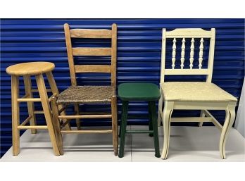 (2) Vintage Chairs With Cane And Upholstered Seats With (2) Wooden Stools