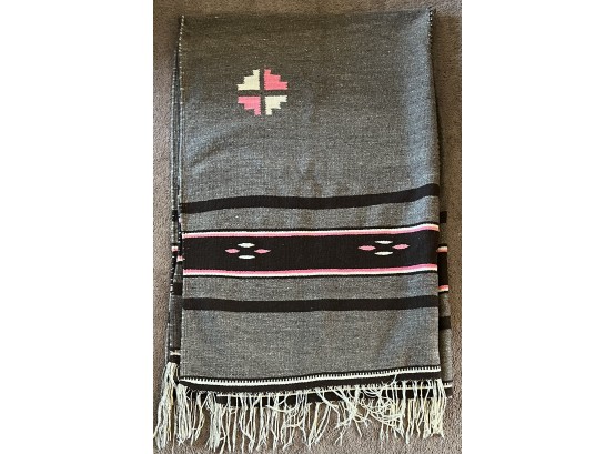 1940s 60 X 90 Inch Made In Mexico Wool Black, Grey, And Pink Blanket With Fringe