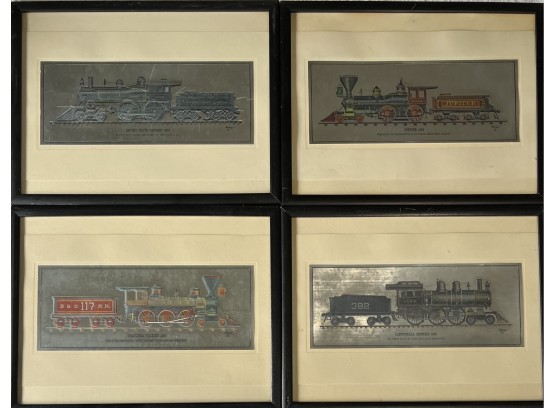 (4) Vintage Train Etchings By Kenn In Frame 1800s Editions
