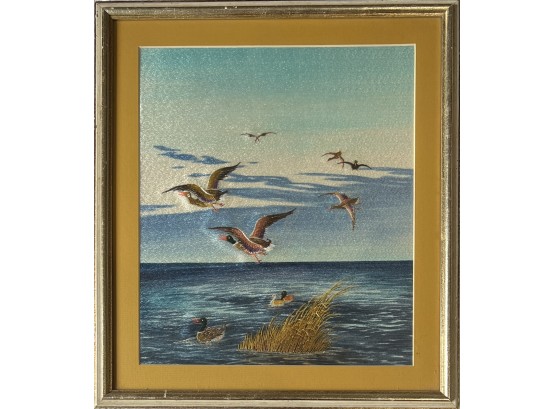 Vintage Hand Stitched Embroidery Duck Seascape In Frame