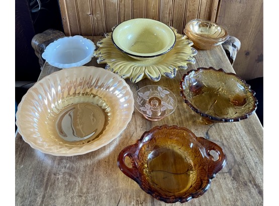 Vintage Kitchen Lot - Yellow Enamel Bowl, Sunflower Dish, Anchor Hocking Fire King Ruffled Bowl, & More