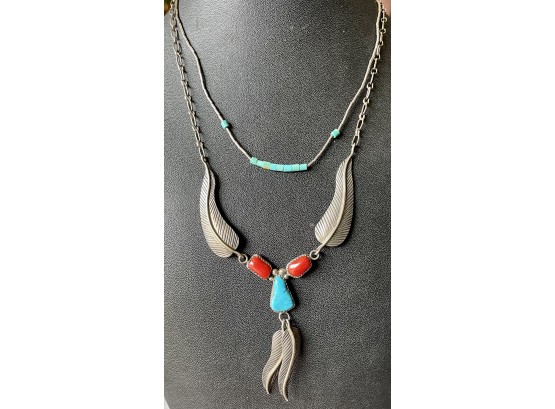 R. Wylie Sterling Silver And Turquoise Navajo Feather Necklace - Sterling Bead, Turquoise, And Coral Necklace