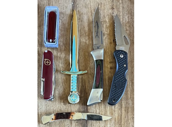 (5) Assorted Pocket Knives And Multitools With Brass Letter Opener - Sharp, Frost Surgical Steel, Stainless