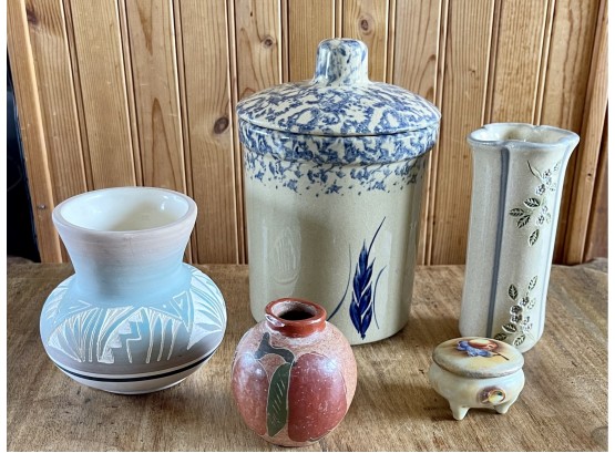 Vintage Pottery Lot - Roseville Spongeware 2-quart Lidded Dish, South Western Vase, Studio Pottery, & More