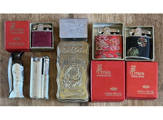 Vintage Lighter Collection- (3) Prince Superlighters With Boxes, Jack Daniels, Pewter Matchbook Holder. & More