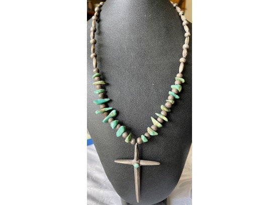 Old Pawn Sterling Silver Bench Bead And Turquoise Necklace And Hand Forged Cross