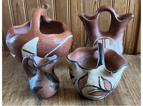 (4) Pieces Of Vintage Handmade Southwestern Pottery - Wedding Vase, Handled Baskets, Pitcher