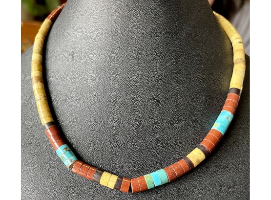 Old Pawn Sterling Silver Heishi Coral, Turquoise, And Jasper Bead Necklace