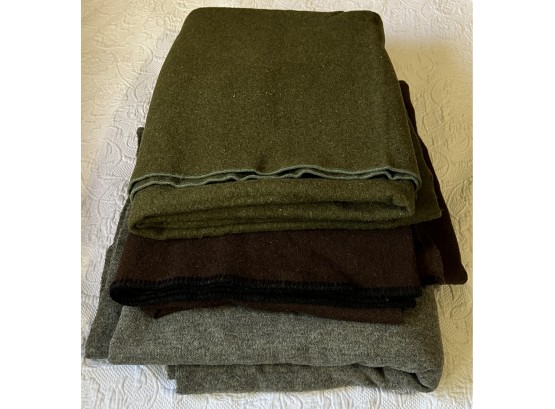 (3) Vintage 100 Percent Wool Brown, Dark Green, And Grey Blankets
