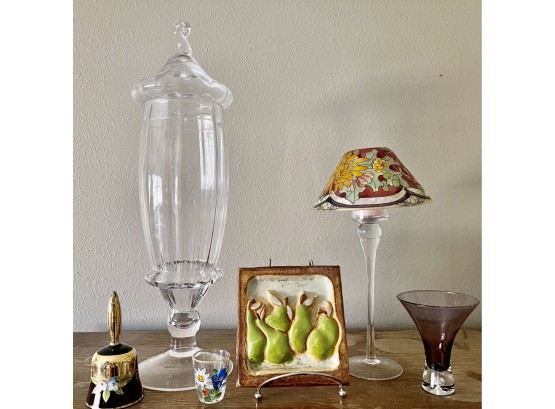 Assorted Art Glass & Pottery Decor Lot - Large Clear Lidded Dish, Pear Pottery Wall Hanging, Bell, Votive