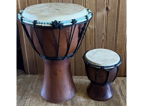 (2) Vintage African Style Djembe Drums - (1) Marked Aruba